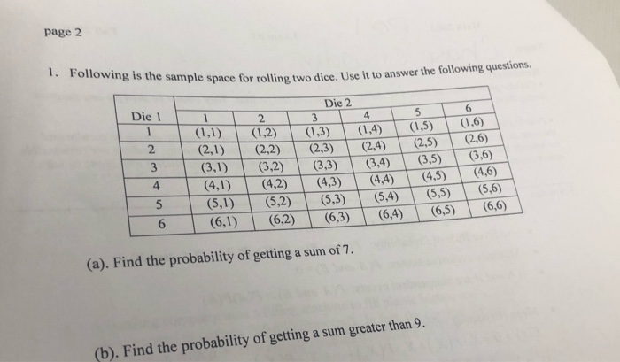 Solved page 2 5 1. Following is the sample space for rolling | Chegg.com