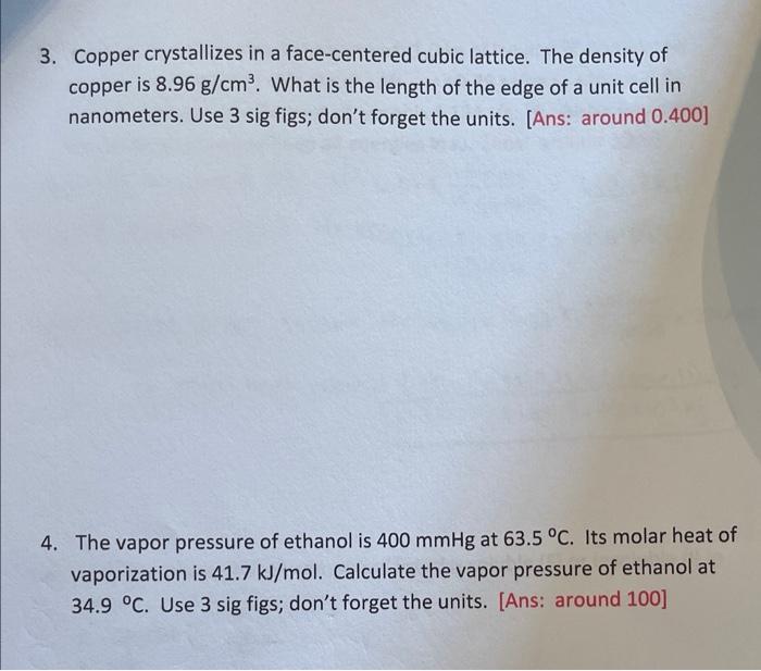 Solved 3. Copper crystallizes in a face-centered cubic | Chegg.com