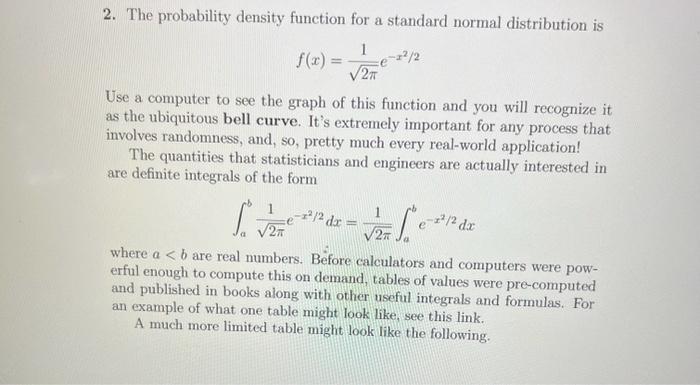 Solved 2. The probability density function for a standard | Chegg.com
