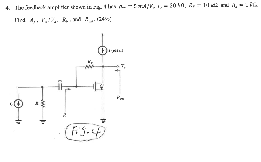 Solved The feedback amplifier shown in Fig. 4 ﻿has | Chegg.com