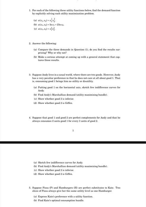 Solved 1. For each of the following three utility functions | Chegg.com