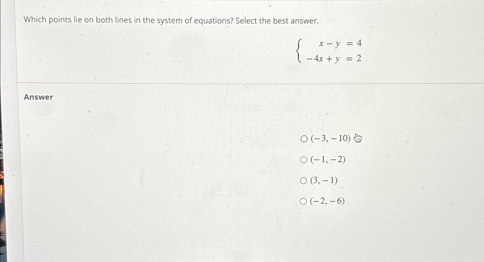 Solved Which points lie on both lines in the system of | Chegg.com