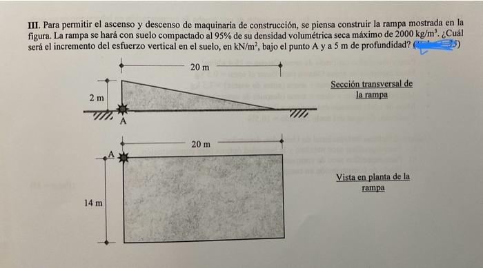 III. Para permitir el ascenso y descenso de maquinaria de construcción, se piensa construir la rampa mostrada en la figura. L
