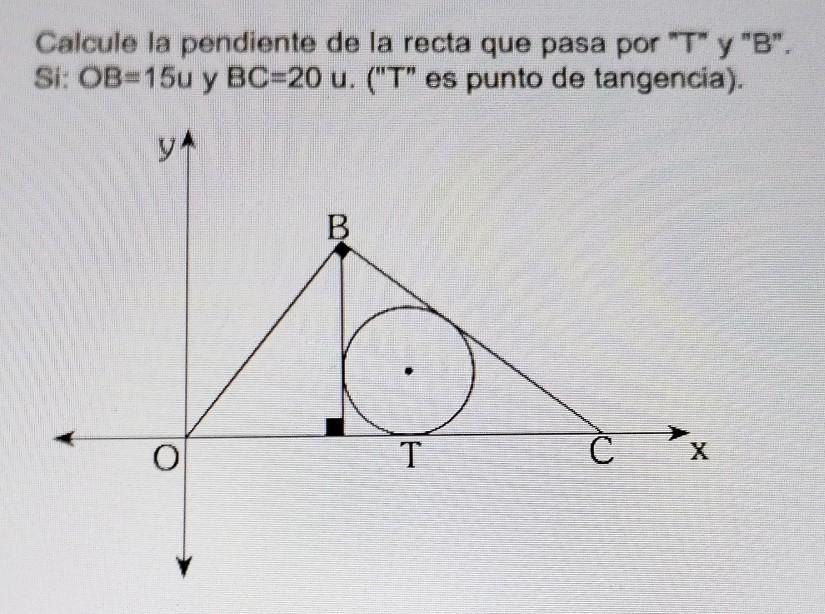 Calcule la pendiente de la recta que pasa por \( \mathrm{T} \) y B. Si: \( O B=15 u \) y \( B C=20 \) u. (T es punto