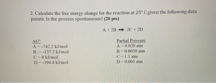 Solved 2. Calculate the free energy change for the reaction | Chegg.com