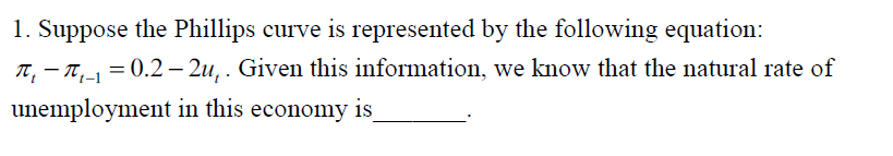 Solved 1. Suppose The Phillips Curve Is Represented By The | Chegg.com