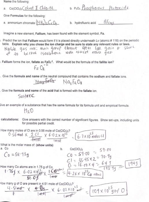 Solved Name the following: a. Co(ClO2)2 Cobait II Chlorite | Chegg.com