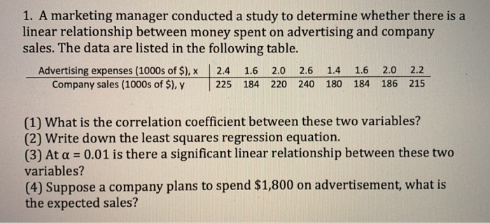 Solved 1. A marketing manager conducted a study to determine | Chegg.com
