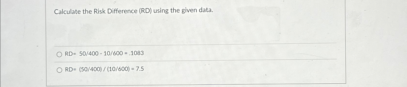 Solved Calculate the Risk Difference (RD) ﻿using the given | Chegg.com