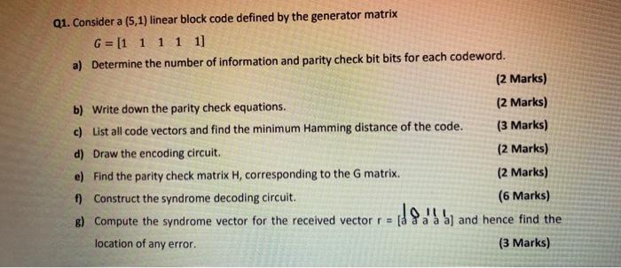 Solved Q1. Consider a (5,1) linear block code defined by the | Chegg.com