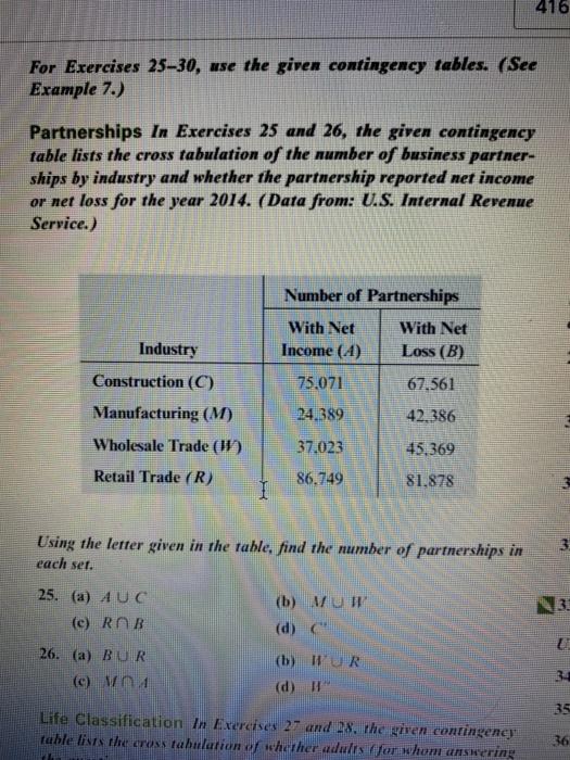 Solved 416 For Exercises 25–30, use the given contingency | Chegg.com