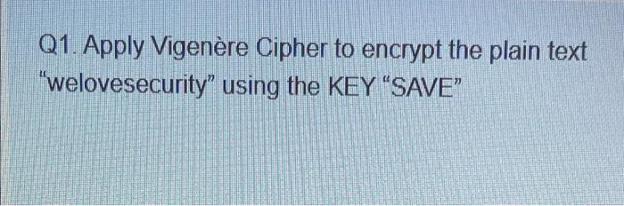 Solved Q1. Apply Vigenère Cipher To Encrypt The Plain Text | Chegg.com