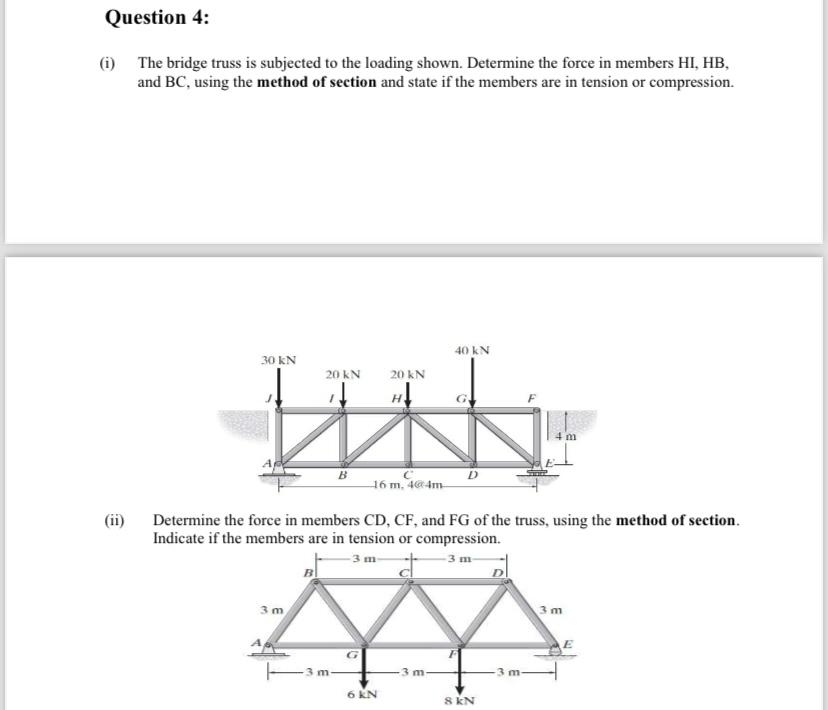 Solved Question 4:(i) ﻿The bridge truss is subjected to the | Chegg.com