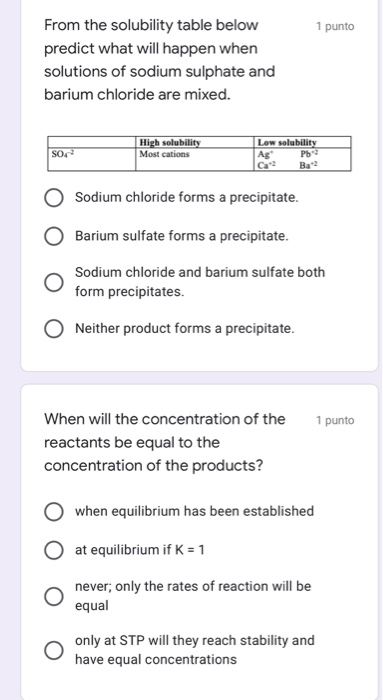 Solved 1 punto From the solubility table below predict what | Chegg.com