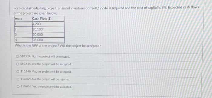 Solved For a capital budgeting project, an initial | Chegg.com