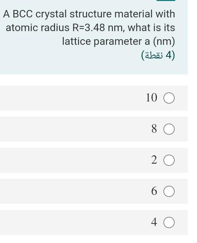 Solved A BCC crystal structure material with atomic radius | Chegg.com