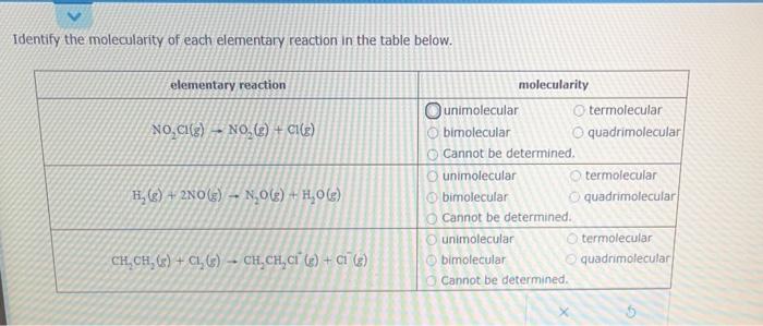 Solved Identify the molecularity of each elementary reaction | Chegg.com