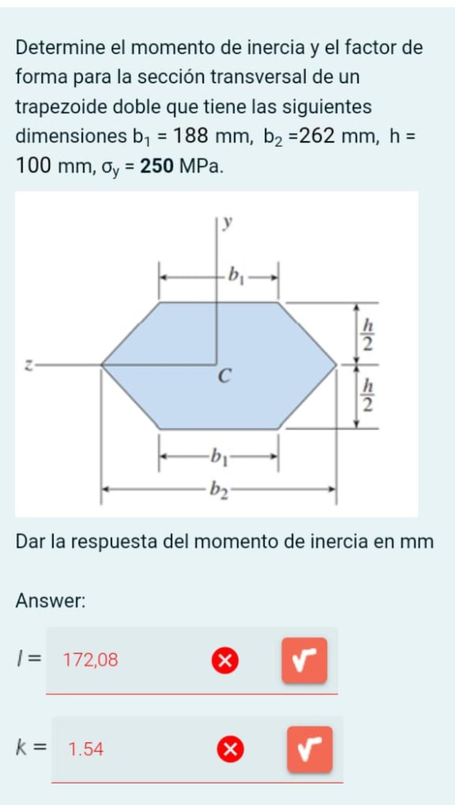 Determine el momento de inercia y el factor de forma para la sección transversal de un trapezoide doble que tiene las siguien