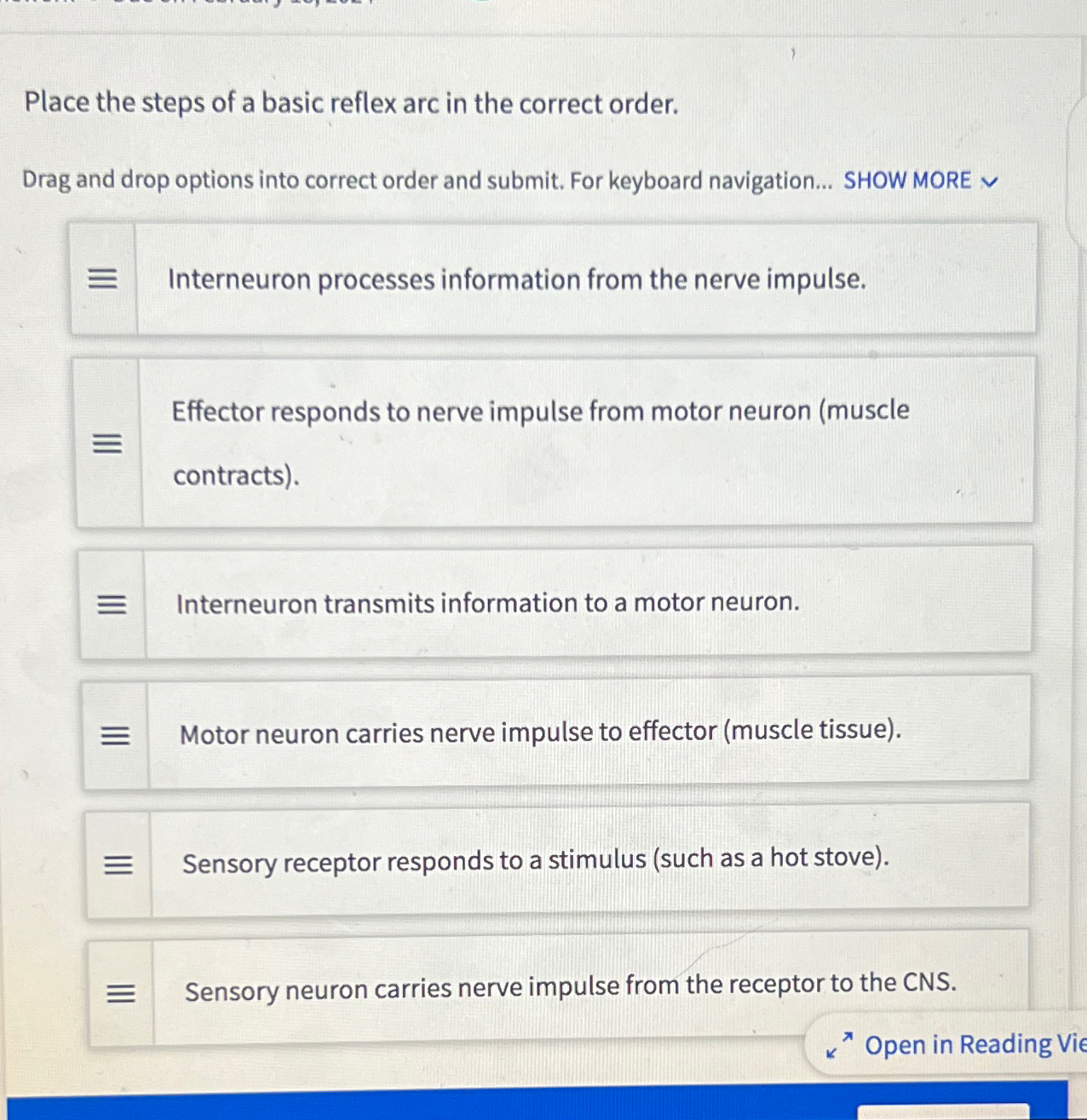 Solved Place the steps of a basic reflex arc in the correct | Chegg.com