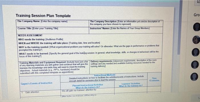 Solved Training Session Plan Template | Chegg.com