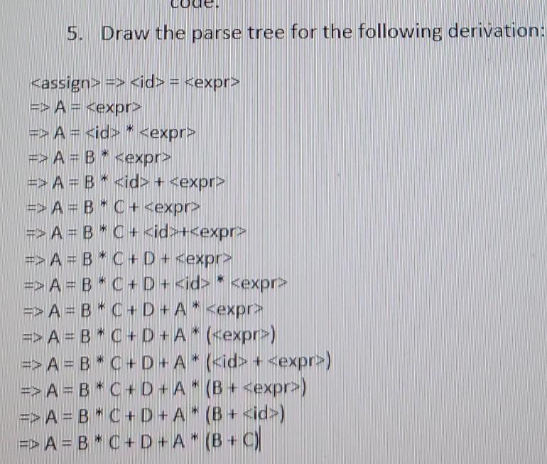 Solved 5. Draw the parse tree for the following derivation: | Chegg.com