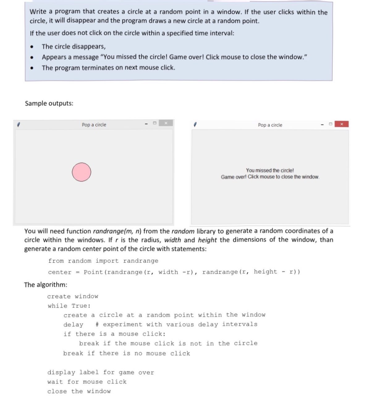 Solved Write a program that creates a circle at a random | Chegg.com