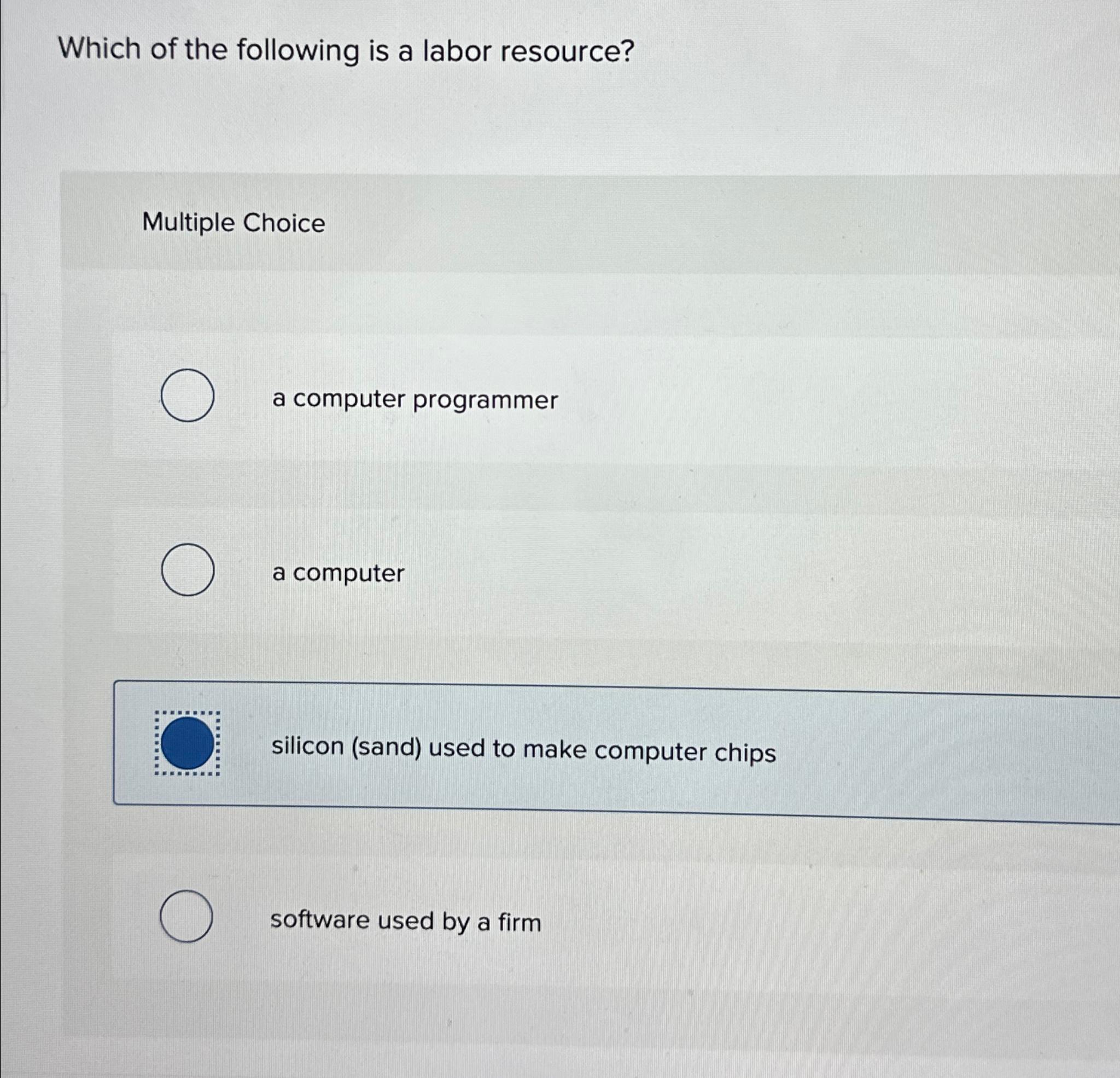 Solved Which of the following is a labor resource?Multiple | Chegg.com