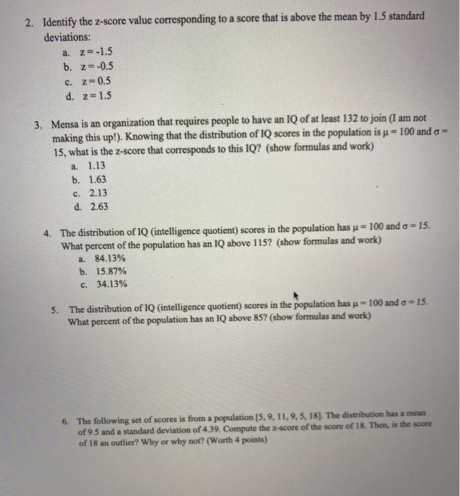 Solved 2. Identify the Zscore value corresponding to a