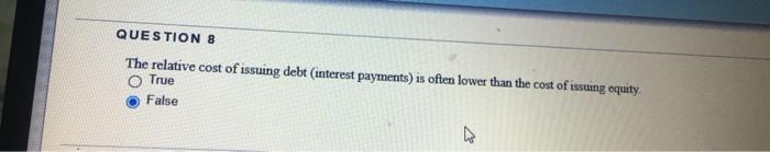 Solved Question 8 The Relative Cost Of Issuing Debt Interest 