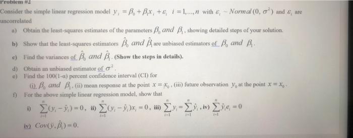 Solved Problem 2 Consider the simple linear regression model | Chegg.com