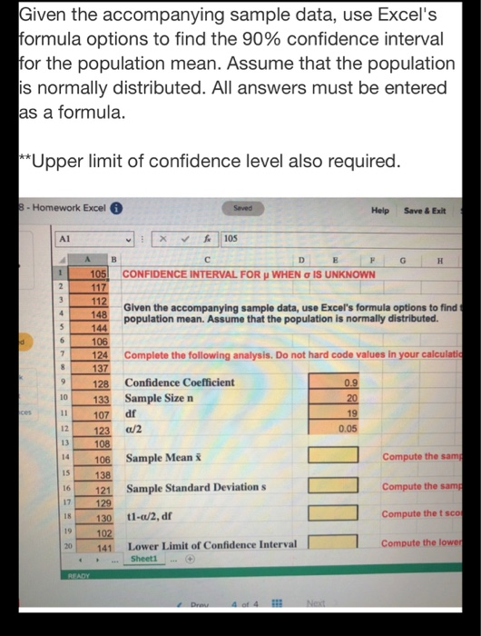 Solved Given the accompanying sample data, use Excel's | Chegg.com