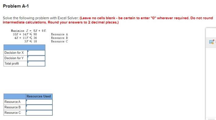 Solved Problem A-1 Solve the following problem with Excel | Chegg.com