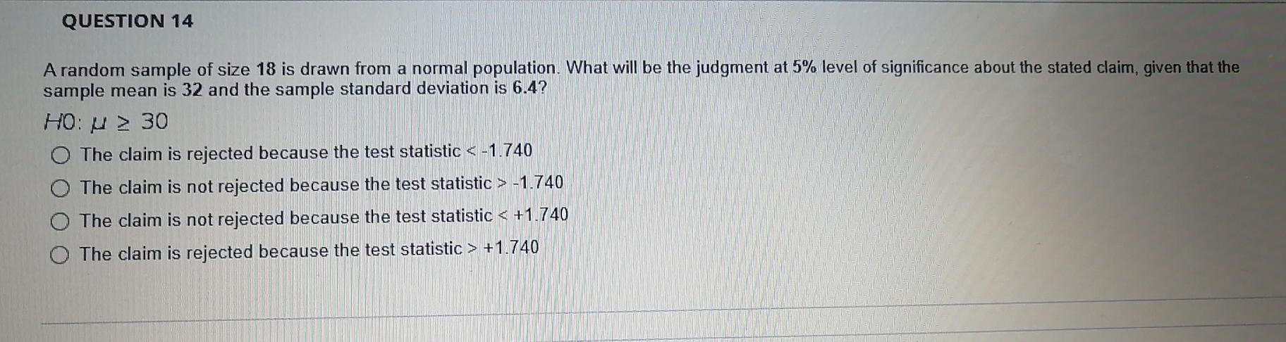Solved QUESTION 14 A random sample of size 18 is drawn from | Chegg.com