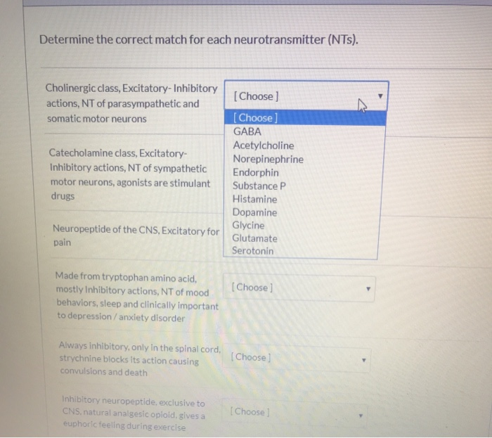 Solved Determine The Correct Match For Each Neurotransmitter Chegg Com