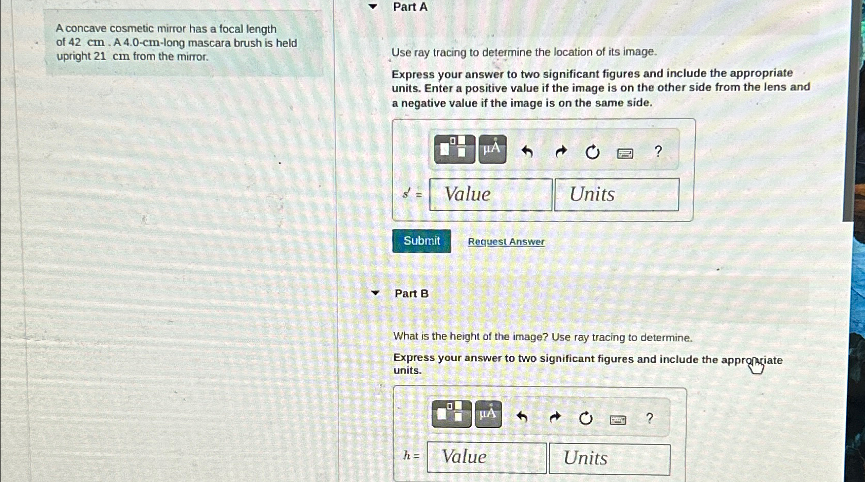 Solved A concave cosmetic mirror has a focal length of 42cm.