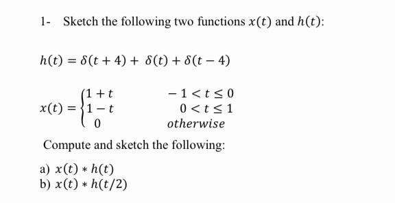 Solved 1- Sketch the following two functions x(t) and h(t): | Chegg.com