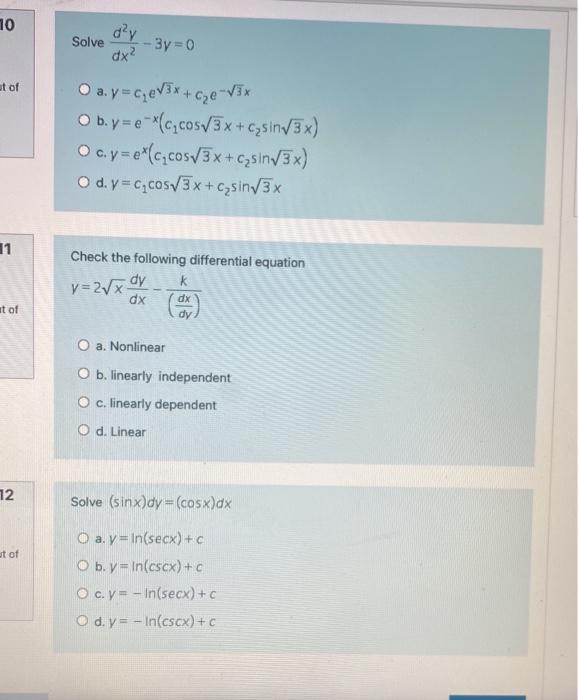 Solved 10 Dạy Solve 3y 0 Dx Et Of A Y C7ev3x Cye V3x Chegg Com