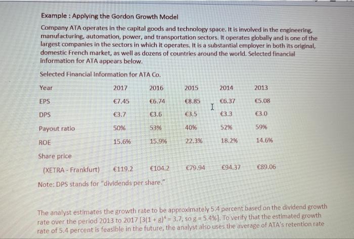 Solved Example: Applying the Gordon Growth Model Company ATA | Chegg.com