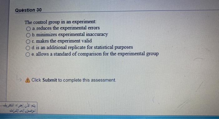 Solved Question 30 The control group in an experiment: a | Chegg.com