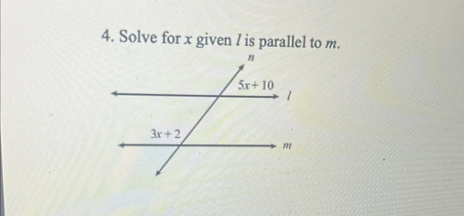 Solved Solve for x ﻿given l ﻿is parallel to m. | Chegg.com