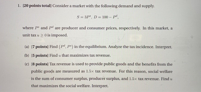 Solved 1. [20 points total] Consider a market with the | Chegg.com