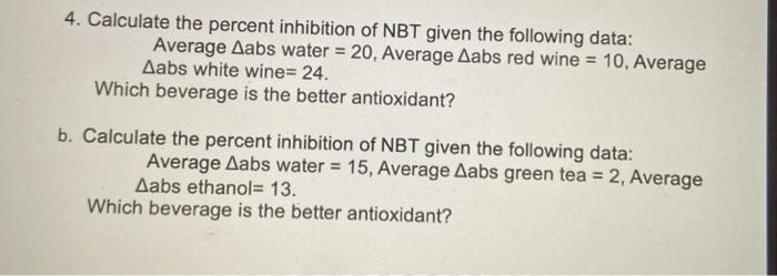 Solved 4. Calculate the percent inhibition of NBT given the | Chegg.com