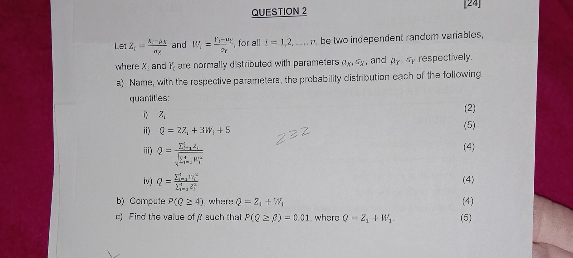 Solved Let Zi=σXXi−μX and Wi=σYYi−μY, for all i=1,2,….n, be | Chegg.com