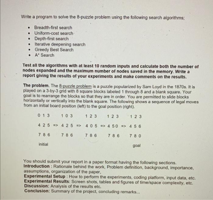 Solved Write A Program To Solve The 8-puzzle Problem Using | Chegg.com