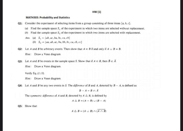 Solved HW 1 MATH303 Probability and Statistics Q1 Chegg