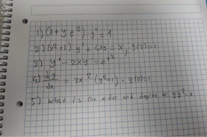 1) \( \left(x+y e^{y}\right) \cdot y^{\prime}=1 \) 2) \( \left(x^{2}+1\right) y^{\prime}+4 x y=x, y(2)=1 \) 3) \( y^{\prime}-