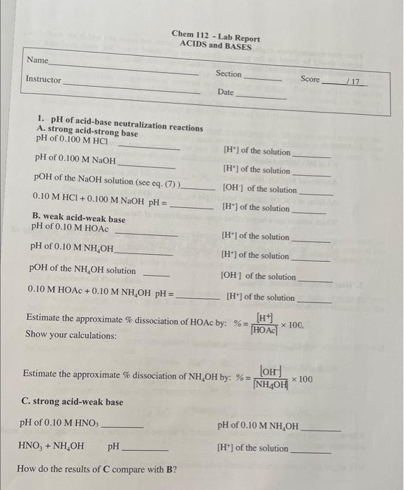 Chem 112 Lab Report ACIDS and BASES Name Instructor