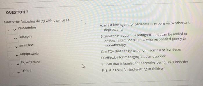 Solved QUESTION 3 Match the following drugs with their uses | Chegg.com
