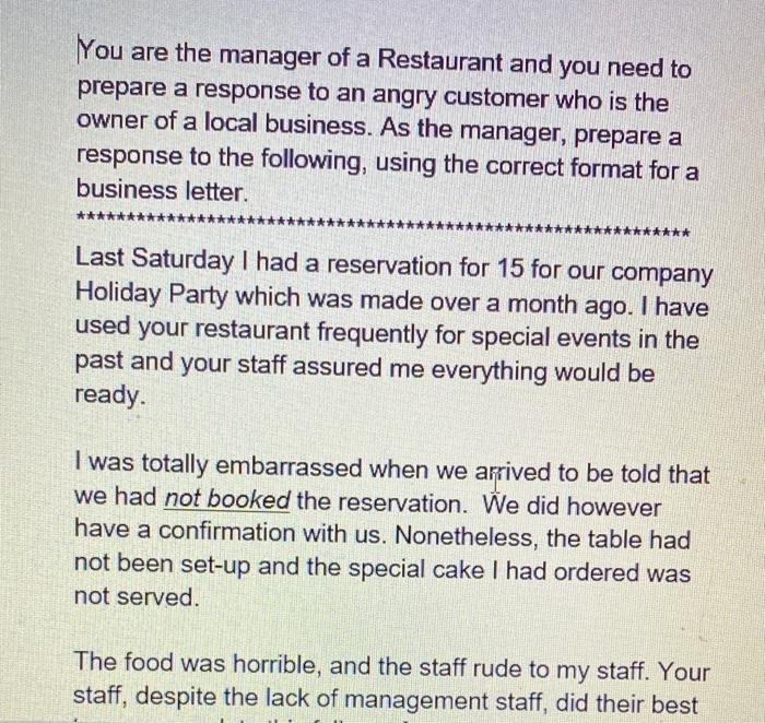 restaurant reservation letter