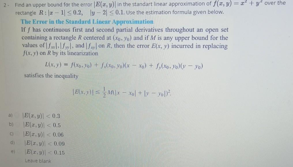 Solved 2. Find an upper bound for the error |E(x,y) in the | Chegg.com